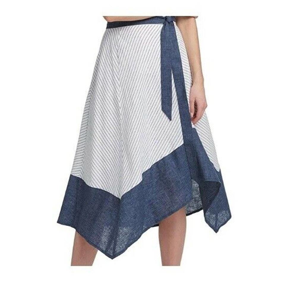 DKNY Linen Rayon Striped Asymmetrical Classic Timeless Tiw Waist Skirt Women's 6